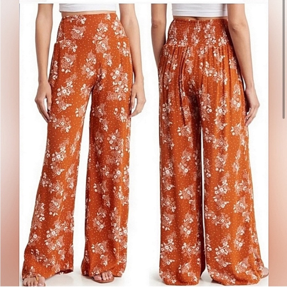 Three Dots Burnt Orange Floral Pull-On Wide Leg Lounge Pants Size Small - Picture 1 of 8